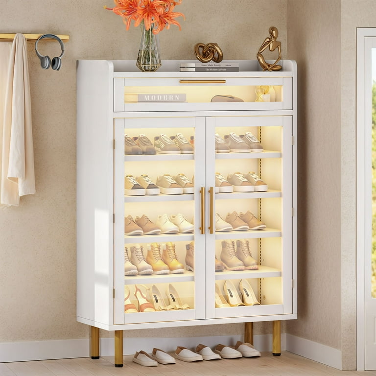 Dextrus Shoe Cabinet with LED Light Acrylic Door Shoe Organizer Rack with Drawer Modern Entryway Shoe Storage Cabinet for Home Walmart