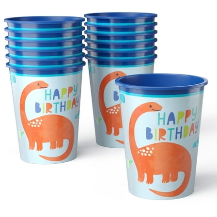 Amscan Reusable Plastic Party Cups 16 oz 12 Ct – Dinosaur Theme – Stackable BPA-Free Kids Cups