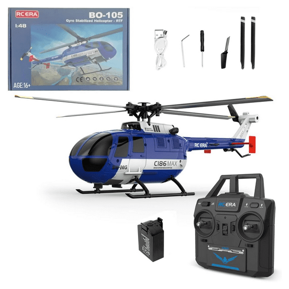 RC ERA C186MAX BO105 1:48 RC Helicopter, 2.4GHz 4CH Single Flybarless Direct-Drive 6-Axis Gyro Aircraft Toy with Optical Flow / Low Voltage Alarm -RTF Total Control for Adults