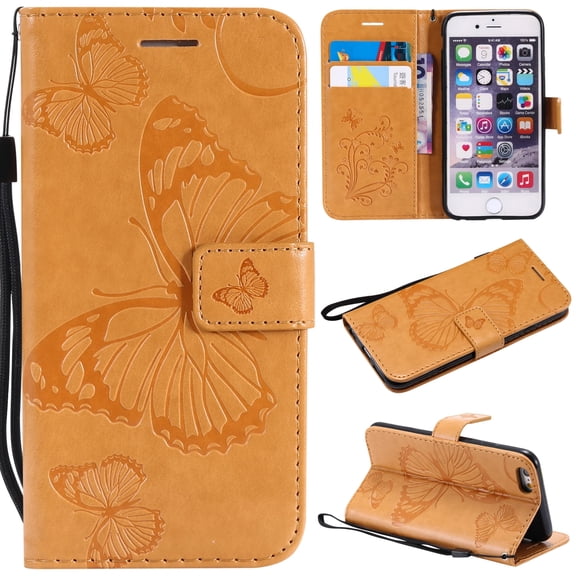 iPhone 6/6S Wallet case, Allytech Pretty Retro Embossed Butterfly Flower Design Pu Leather Book Style Wallet Flip Case Cover for Apple iPhone 6 and iPhone 6S, Yellow