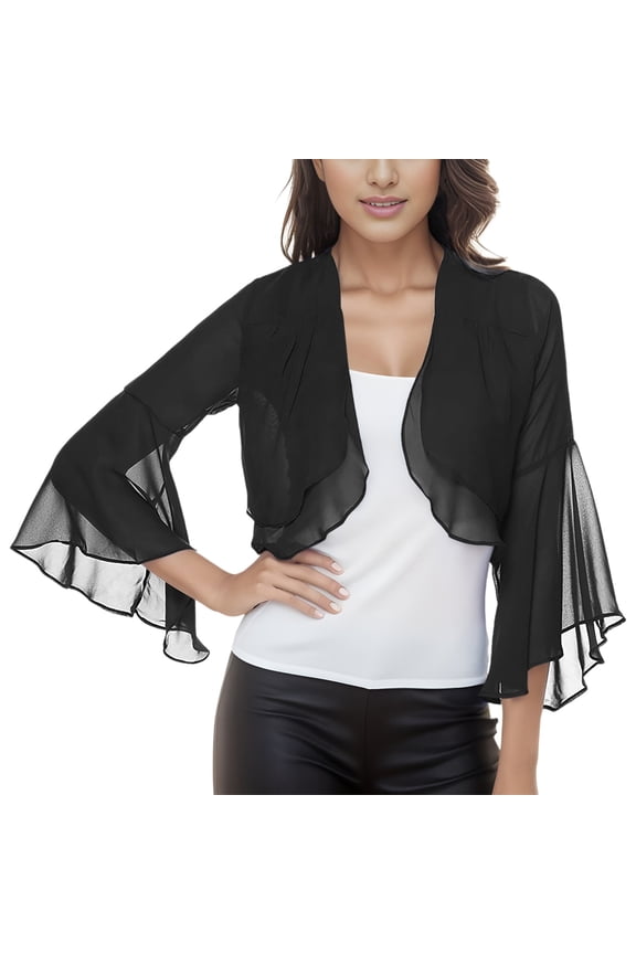 Women's Small Shoulder Cape Top with Flounce Hem Flared Sleeve Solid Color Chiffon Small Wrap Cardigan Black,L