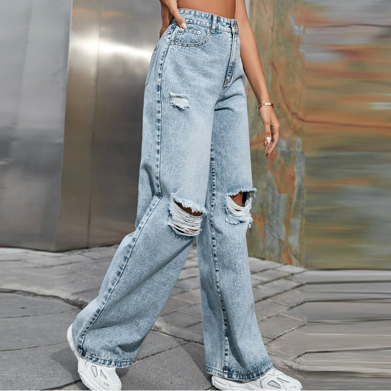 OGLCCG Women's High Waisted Ripped Jeans Distressed Straight Wide Leg Denim  Pants Fashion Loose Fit Trousers with Pockets and Hole