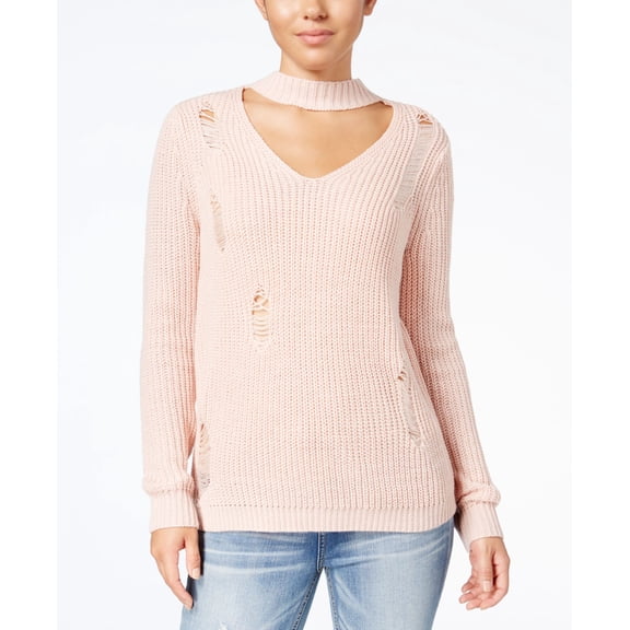 Crave Fame Juniors Ripped Choker Sweater Dusty Rose XS