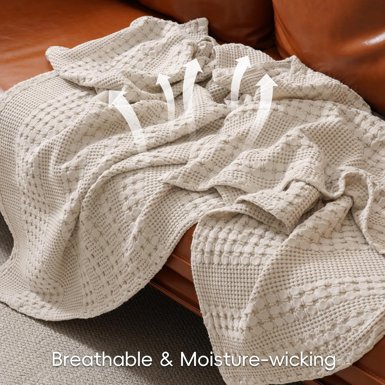 PHF 100% Cotton Waffle Weave Blanket, Lightweight Twin Washed Blanket for Bed Sofa Home Decor, Oatmeal, 66"x90"