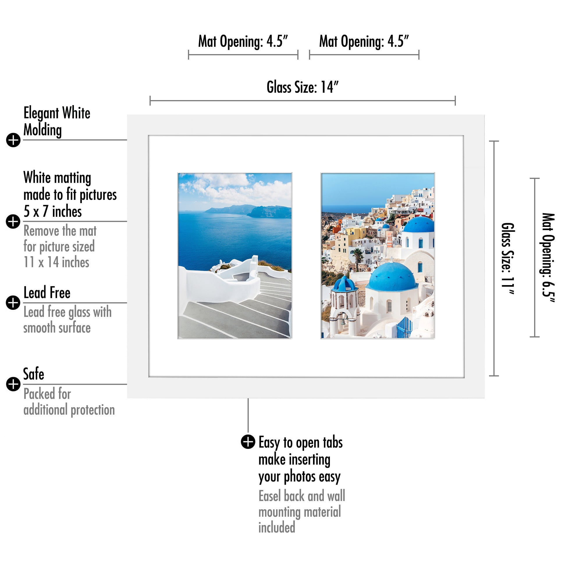 5x7 Double Picture Frame in White - Composite Wood with Shatter Resistant Glass - Horizontal and Vertical Formats for Wall