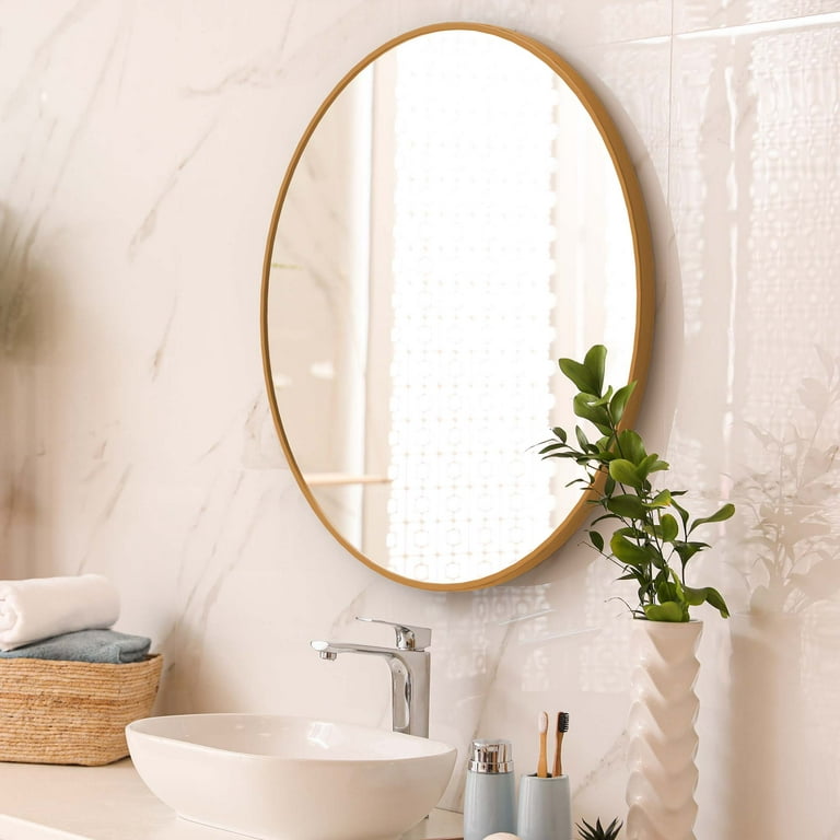 Barnyard Designs 30 inch Gold Round Mirror, Bathroom Vanity Wall Mirrors,  Circle Mirror for Desk, Metal Framed Bedroom Mirror