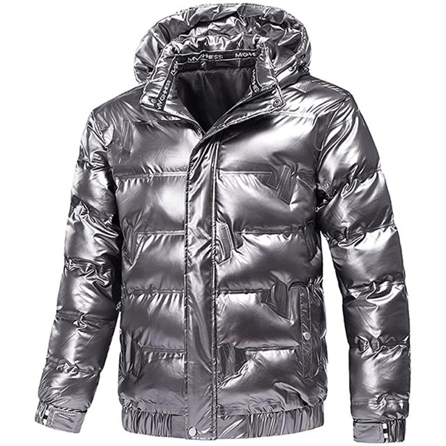 JUNWELL Men Clearance Winter Jackets for Men Clearance Shiny Hooded Reflective Down Jacket Cotton Jacket
