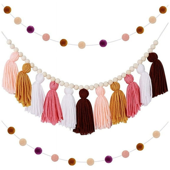 Boho Garland Wall Hanging Decor Pastel Banner with Wood Beads and 2 Pieces Colorful Pom Pom(A)