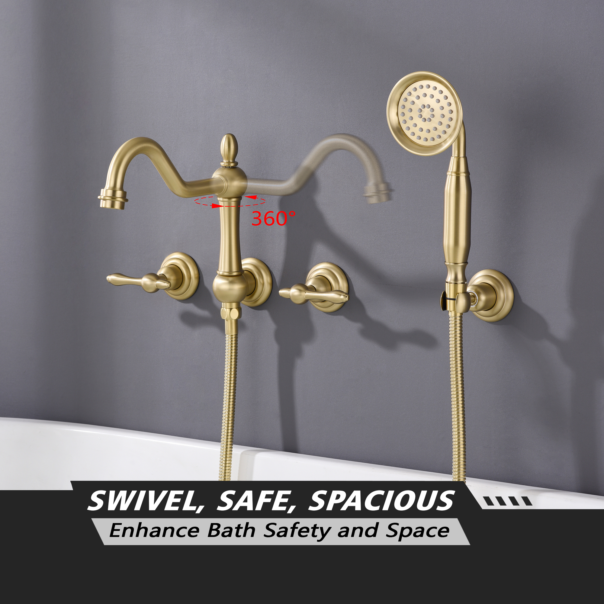 SUMERAIN Brushed Gold Wall Mount Tub Faucet with Hand Shower, Traditional Bathtub Faucet Set Including Rough-in Valve