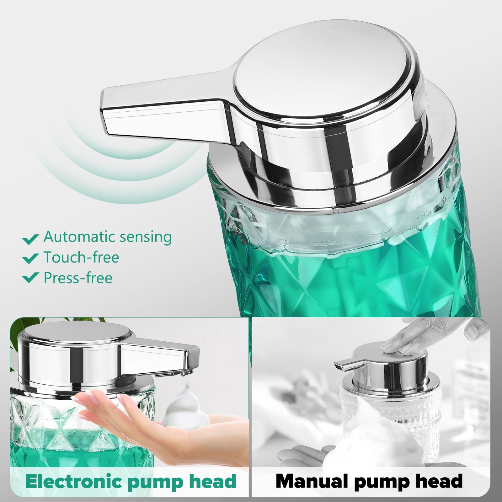 Automatic Liquid Soap Dispenser Touchless Auto Glass Clear Diamond Design Hand Lotion Soap Dispenser with Pump Electric Hands Free Modern Dish Soap Dispenser Rechargeable for Kitchen Bathroom