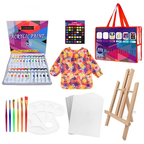 Amdohai 39Pcs Kids Art Drawing Set 24 Vibrant Colors Acrylic Paint with 6 Brushes/Paint Palette/Easel/Painting Smock Color Mixing Chart for Kids/Teens/Beginners
