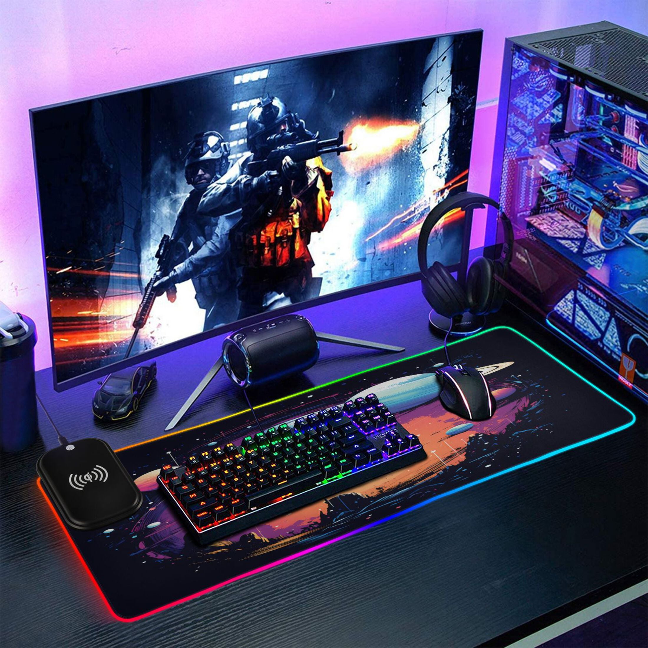 Wireless Charging Mouse Pad Large RGB Gaming Desk Mat 13 Light Modes Mousepad 35.4x15.7 Sun and Planet