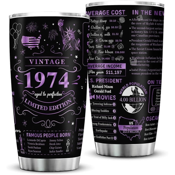 50th Birthday Gifts for Women Men Friends Vintage 1974 Tumblers 50 Year Old Birthday Supplies Back in 1974 Old Time Information Stainless Steel Vacuum Insulated Tumblers 20oz