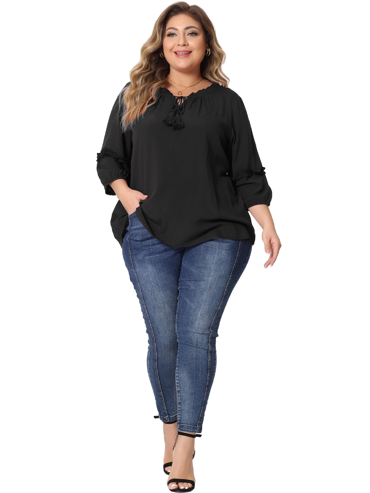 Women's Plus Tops Tie Neck Tassel Self Flutter 3/4 Sleeve Blouses Tops 4X Black