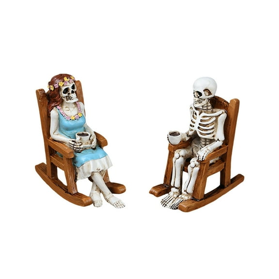Mini Resin Skeleton Figurines Coffee Couple in Rocking Chairs, 2-Pack Halloween Fairy Garden Accessories, Indoor & Outdoor Planter Decor, Miniature Skeleton Ornament Gift
