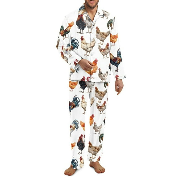 Yuyamidu Chicken Mens Button Up Pajamas Set 2 Piece Long Sleeve Sleepwear Top and Pants with Pockets Soft Relaxed Loungewear Size 2XL Sports Outfits for Walking Jogger