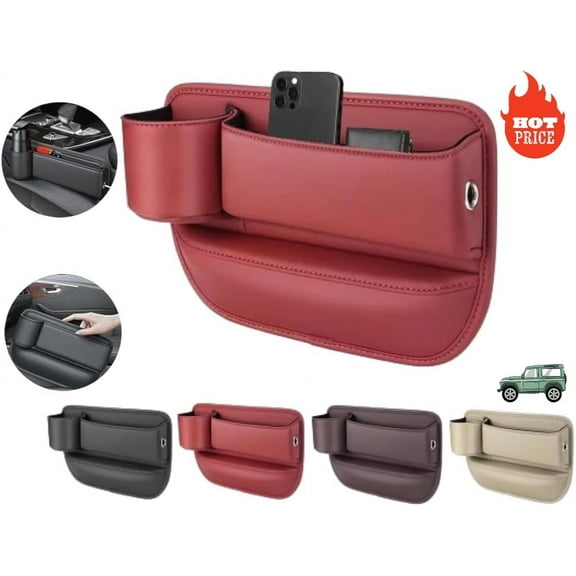 Car Leather Cup Holder Gap Bag,Seat Gap Storage Box,Adjustable Car Seat Storage Box,Leather Cup Holder Gap Bag with Cup Holder for Phones Glasses Keys Cards (Red,A)