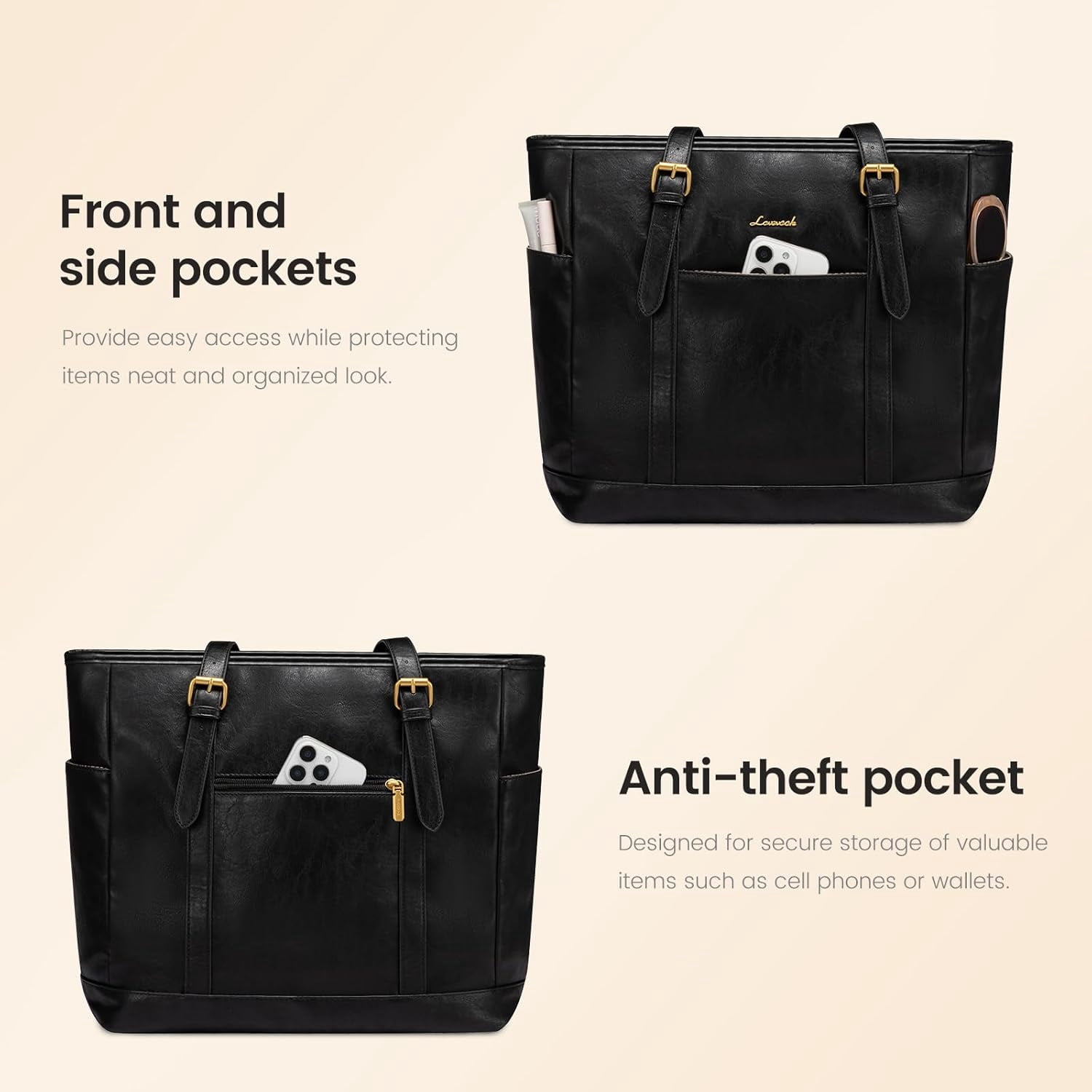 LOVEVOOK Laptop Tote Bag for Women,Vintage Leather Work Tote Bag for Women, 15.6 Inch Computer Briefcase Bag,Waterproof Teacher Business Office