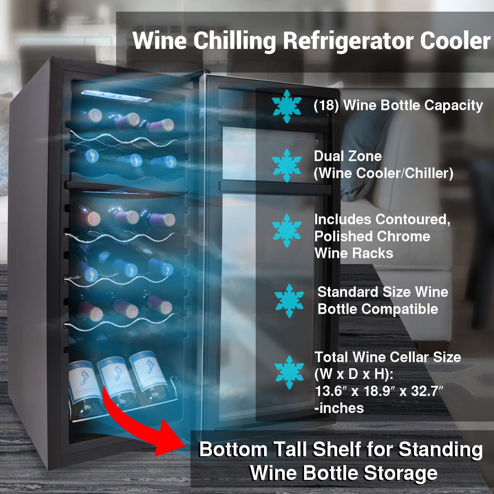 NutriChef 18 Bottle Dual Zone Cooler for Wines Chiller, Freestanding Compact Countertop Mini Fridge