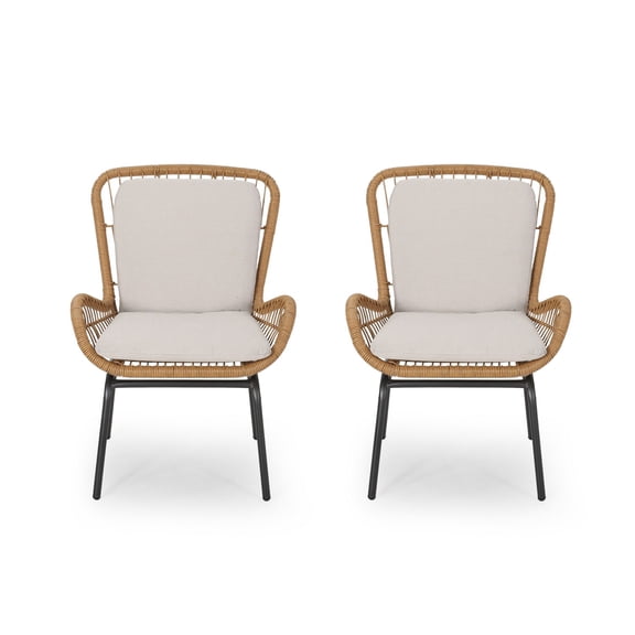 Outdoor Accent Chair Set of 2- White Fabric- Brown Faux Rattan- Black