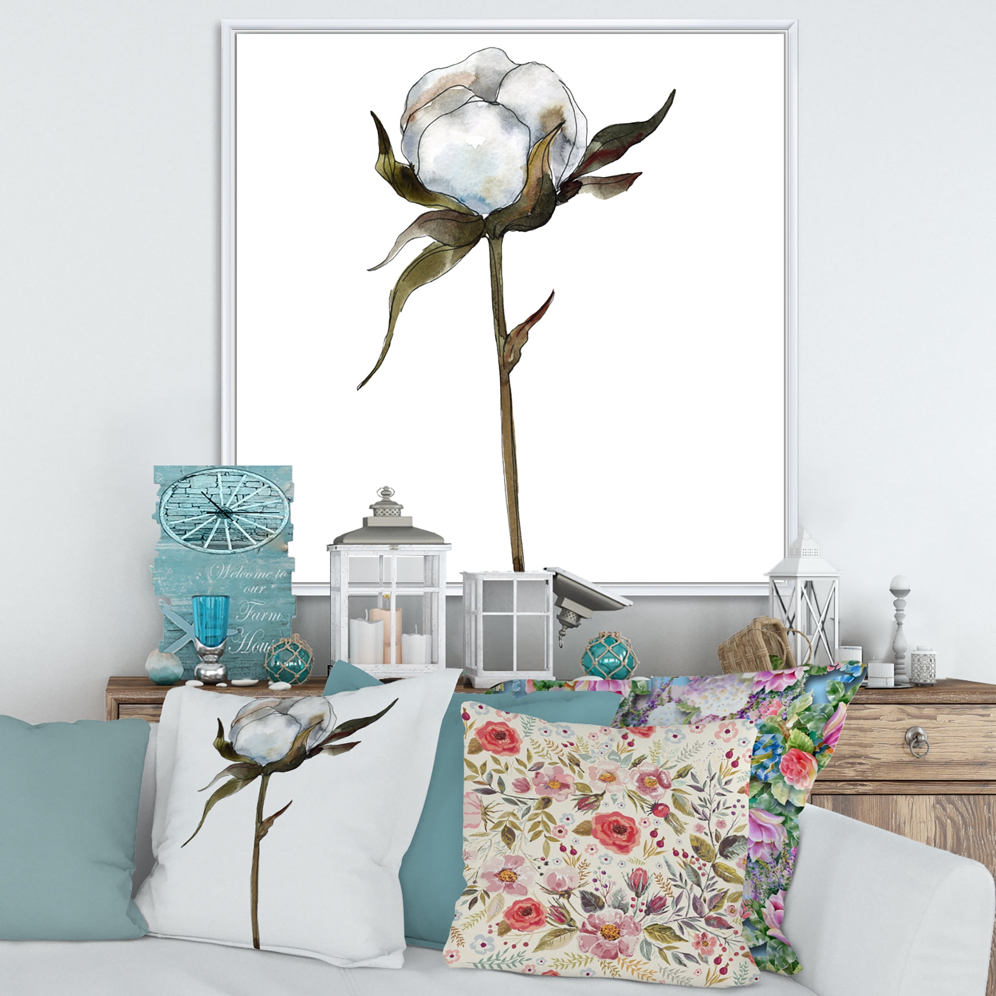 Designart 'Cotton Flower Retro Style' Traditional Framed Canvas Wall Art Print