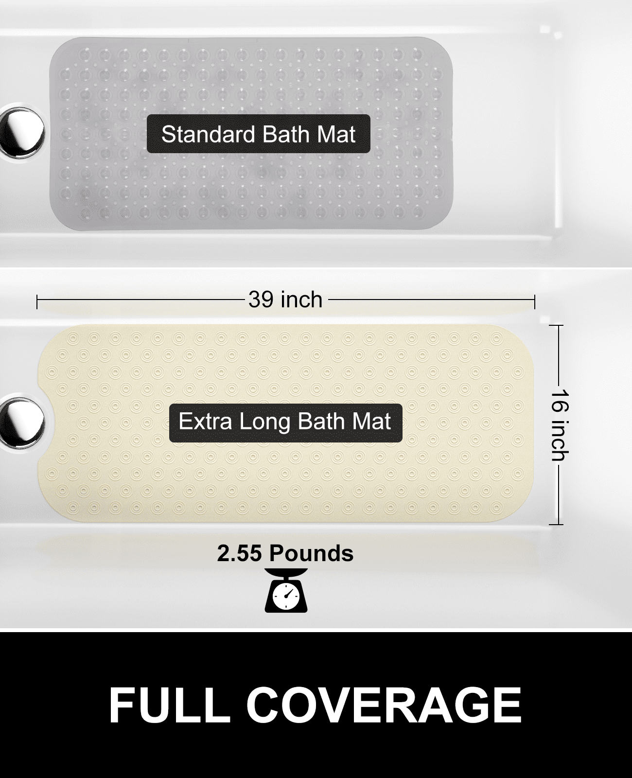 OTHWAY No Suction Cup Bath Mat: 39x16inch Extra Long Bathmat, Machine Washable, Made of Nature Rubber, Protect Your Bathtub (Beige)