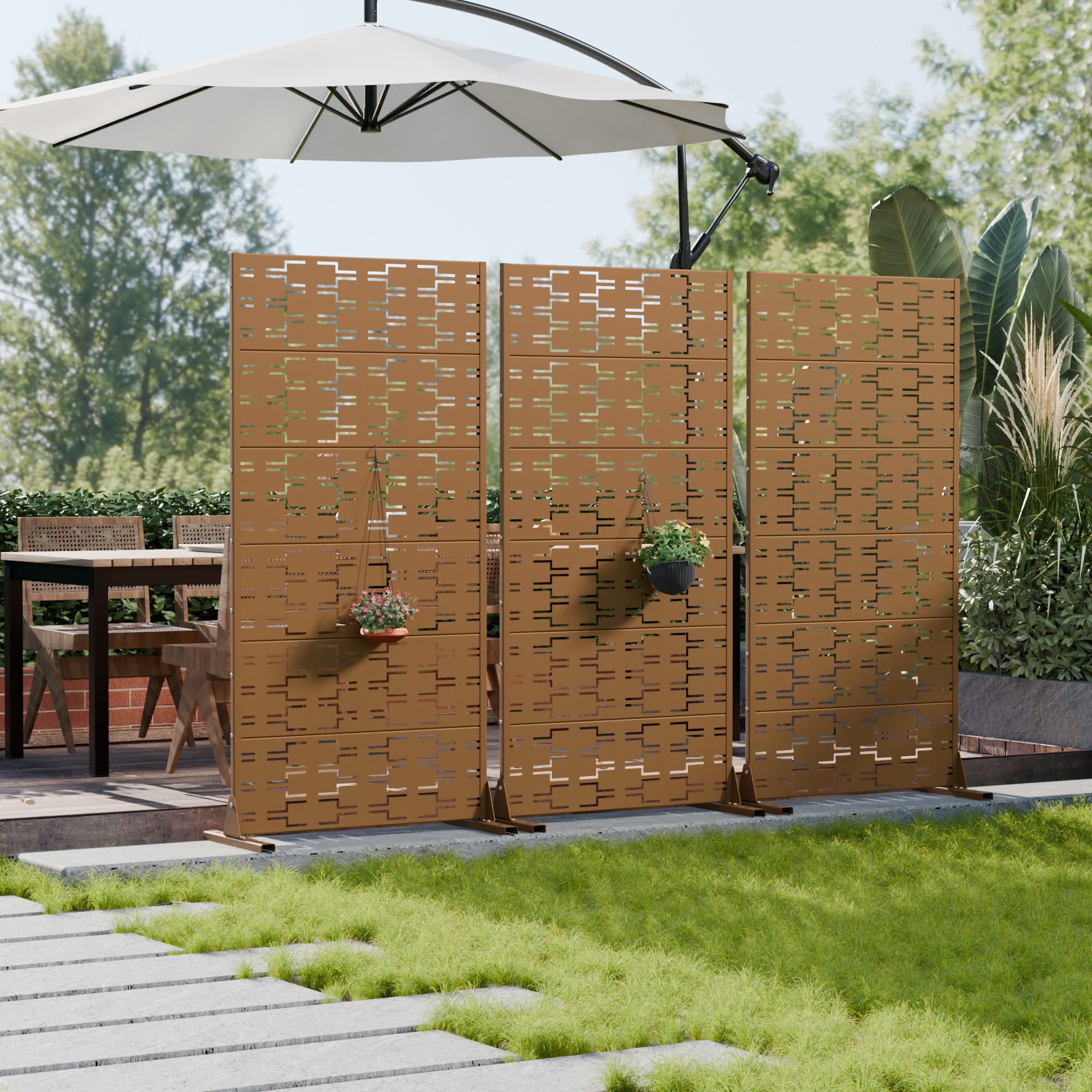 MAYEERTY Outdoor Metal Privacy Screen 6ft × 3ft Brown, 6-Panel Brick Pattern Decorative Screen for Patio