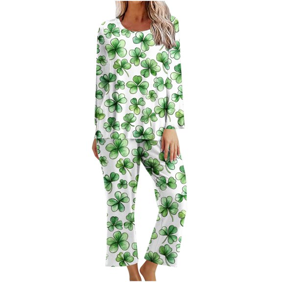 Hueook 2 Piece Sets for Women Fashion St. Patrick's Fashion Printed Round Neck Long Sleeve Pants Set Green 2X