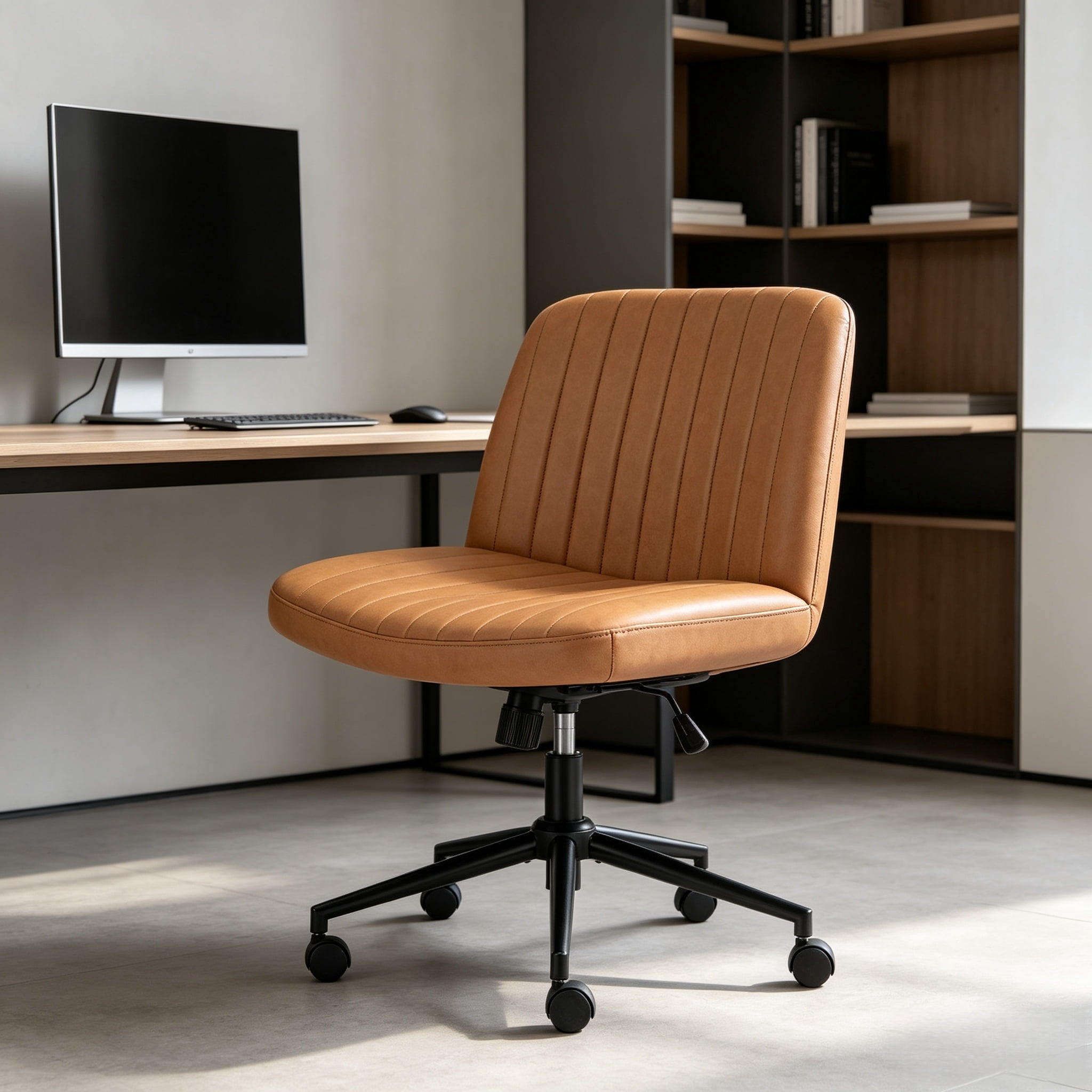 Office Desk and Vanity Chair, Armless Cross-Legged Swivel Task Chair with Wide Fabric Seat, Height Adjustment, and Replaceable Wheels or Fixed Base