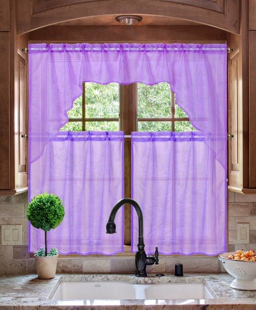 3PC K66 1 SWAG VALANCE SET SOLID VOILE SHEER KITCHEN WINDOW CURTAIN 2 TIERS 
