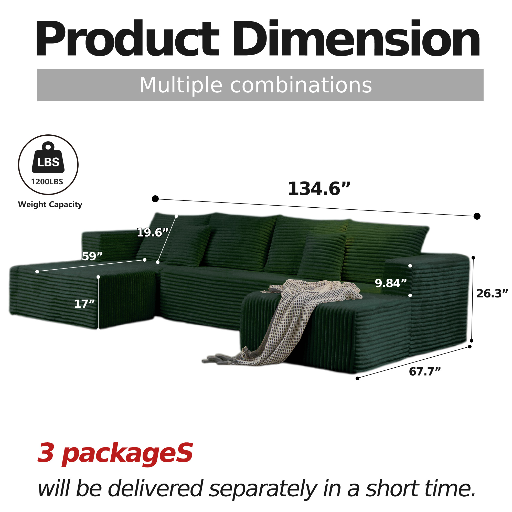 DILORA Large Sectional Cloud Couch,U-Shaped Sofa(Green),Modular And Compressed,Three Packages,134 Inches