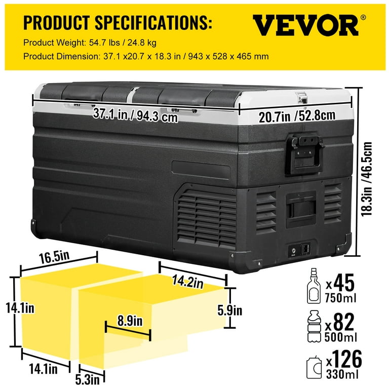 VEVOR 12 Volt Refrigerator, 100qt, Dual Zone Car Fridge Freezer w/ App Control & Wheels, 12/24V DC & 100-240V AC Electric Compressor Cooler for Car