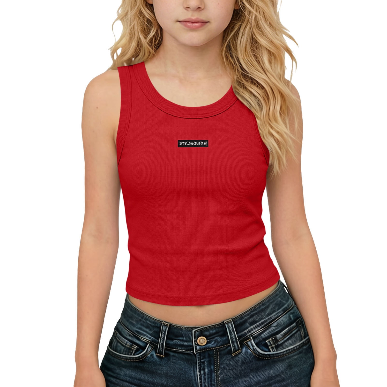 Girls Vests Ribbed Crop Kids Top Ribbed Knit Sleeveless Round Neck Sleeveless Basic Cropped Top Plain Stretchy Sports Vest Breathable Tanks Girls Undershirts Summer Children Camisoles Red 2-3Years