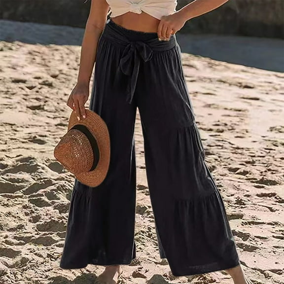 Lilgiuy Women Solid Cotton Linen Ankle-Length Pants Casual Elastic Trousers Long Pants Trousers Black 8(L) Fall Fashion for 2022 Spring Winter