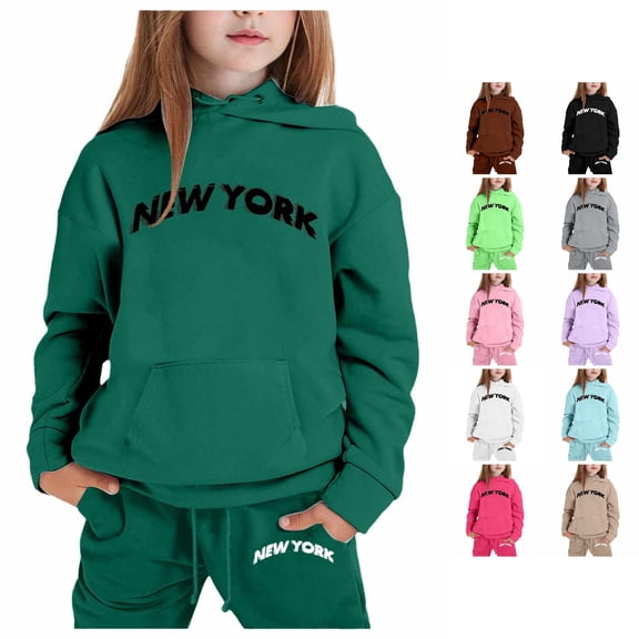 GobdXE Girls 2 Piece Hoodie Sweatpants Set New York Retro Letter Print Long Sleeve Pullover Tracksuit Casual Outfit for Kids Girls 3-4 Years,Dark Green