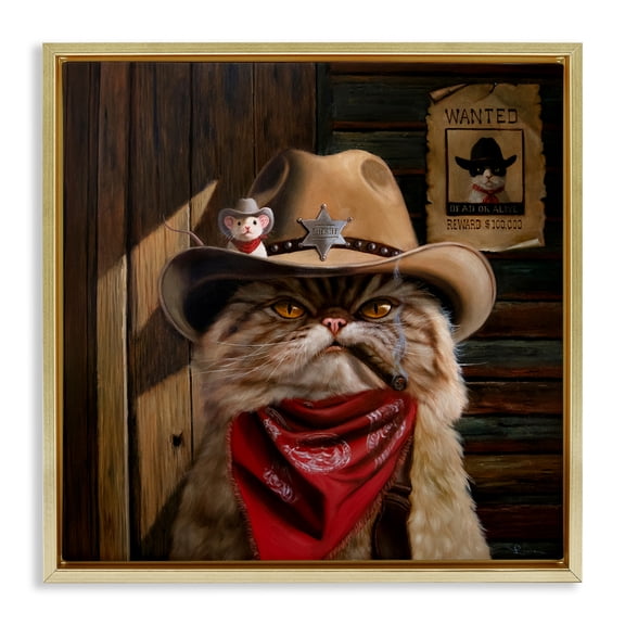 Deputy Purrkins Cat Sheriff Gold Framed Floater Canvas Wall Art, design by Lucia Heffernan