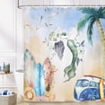 thumbnail image 2 of Mermaid Shower Curtain, Summer Beach Surfboard Seagull Mermaid Theme Waterproof Fabric Bathroom Curtains, Green and Yellow Beach Bathroom Shower Curtain with 12PCS Hooks, 70X70IN, 2 of 6
