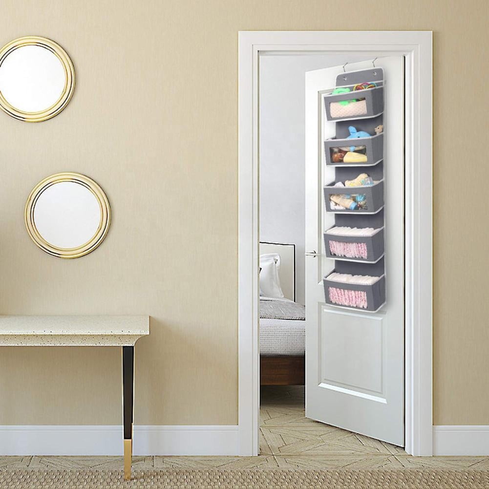Lowestbest Over Door/Wall Mount Organizer Storage with 5 Clear Window Pocket & 2 Metal Hooks, Gray