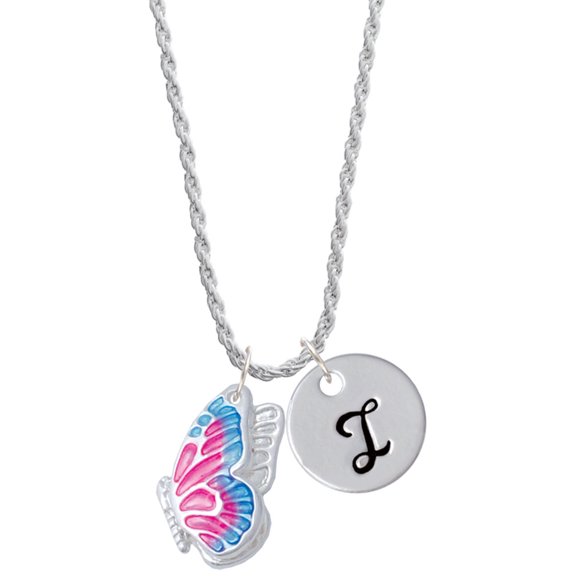 Delight Jewelry Silvertone Large Translucent Hot Pink & Blue Flying Butterfly Silvertone Script Initial Disc - I - Charm Necklace, 20"+3"