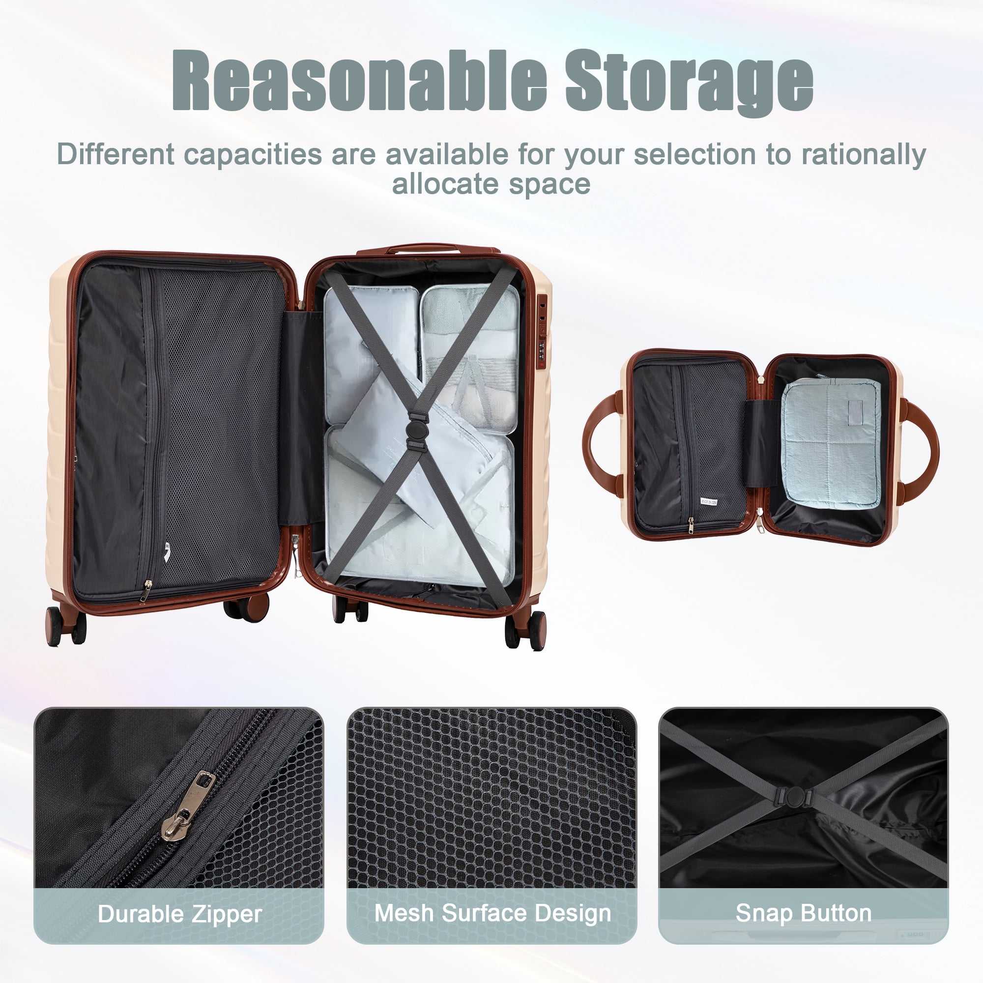 Alvantor 2 Pcs Luggage Set with Combination Lock, 20" ABS Spinner Suitcase & 14" Cosmetic Case, Beige