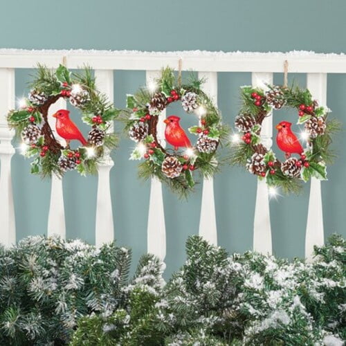 Solar Powered Holiday Cardinal Wreaths Set of 3