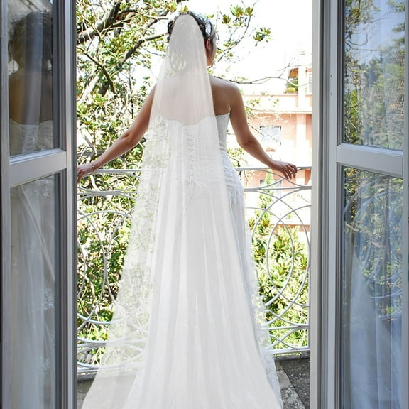 PENIKOKO Long Wedding Veil White Tulle Floor Length Single Layer Veil for Bride
