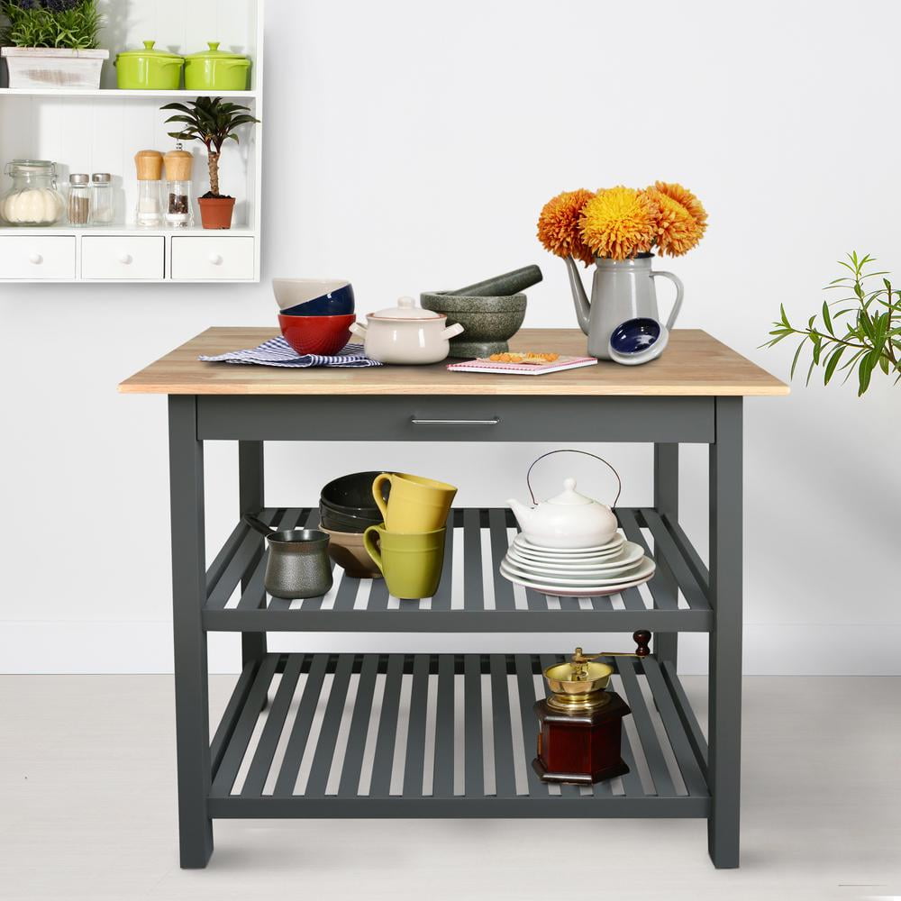 Kitchen Island Bar Station with Hardwood Counter Top - Slate Gray