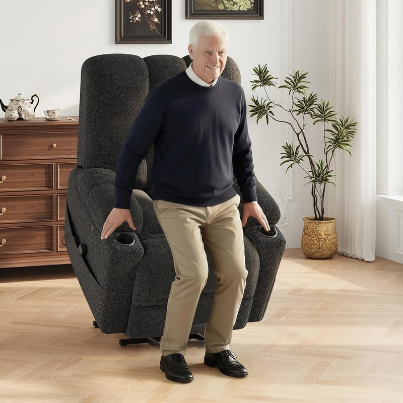 COLAMY Serene Dual Motors Power Lift Recliner Chair with Massage and Heat for Elderly People, Independent Adjustable Backrest Headrest, Extended Footrest，USB Charging Ports and Cup Holders, Dark Gray