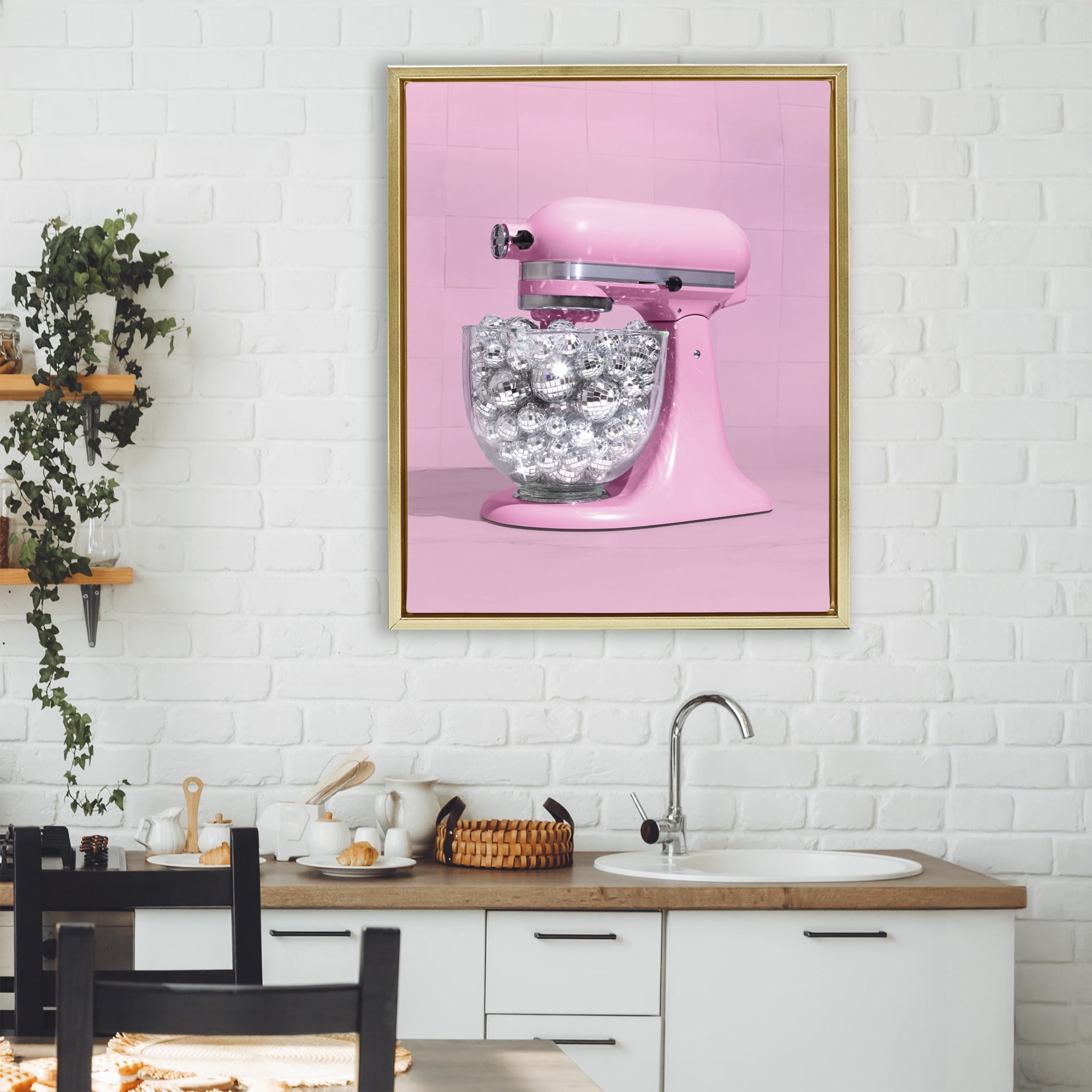 Stupell Industries Disco Kitchen Mixer over Pink Gold Framed Floater Canvas Wall Art, design by LISH Creative