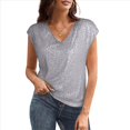 thumbnail image 1 of Tops de Corta con Lentejuelas y Cuello en V para Mujer, Camiseta Sin Mangas Elástica Brillante Plateada S, 1 of 9