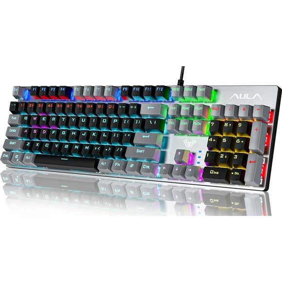 AULA Gaming Keyboard, 104 Keys Wired Mechanical Keyboard with RGB Backlit, All-Metal Panel Wired Keyboards Anti-Ghosting, Red Switches Programmable Keys Keeb for MAC Xbox PC Gamer