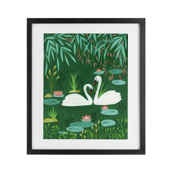 Swan Pair on Green Pond Black Framed Print Under Glass, design by Nabeela Rumi