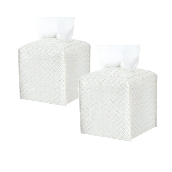 LAMIRO 2 Pack Tissue Box Holder,Tissue Box Cover Square,PU Leather Tissues Cube Box Cover,Decorative Woven Facial Tissue Holder on Table and Bathroom (White Square)
