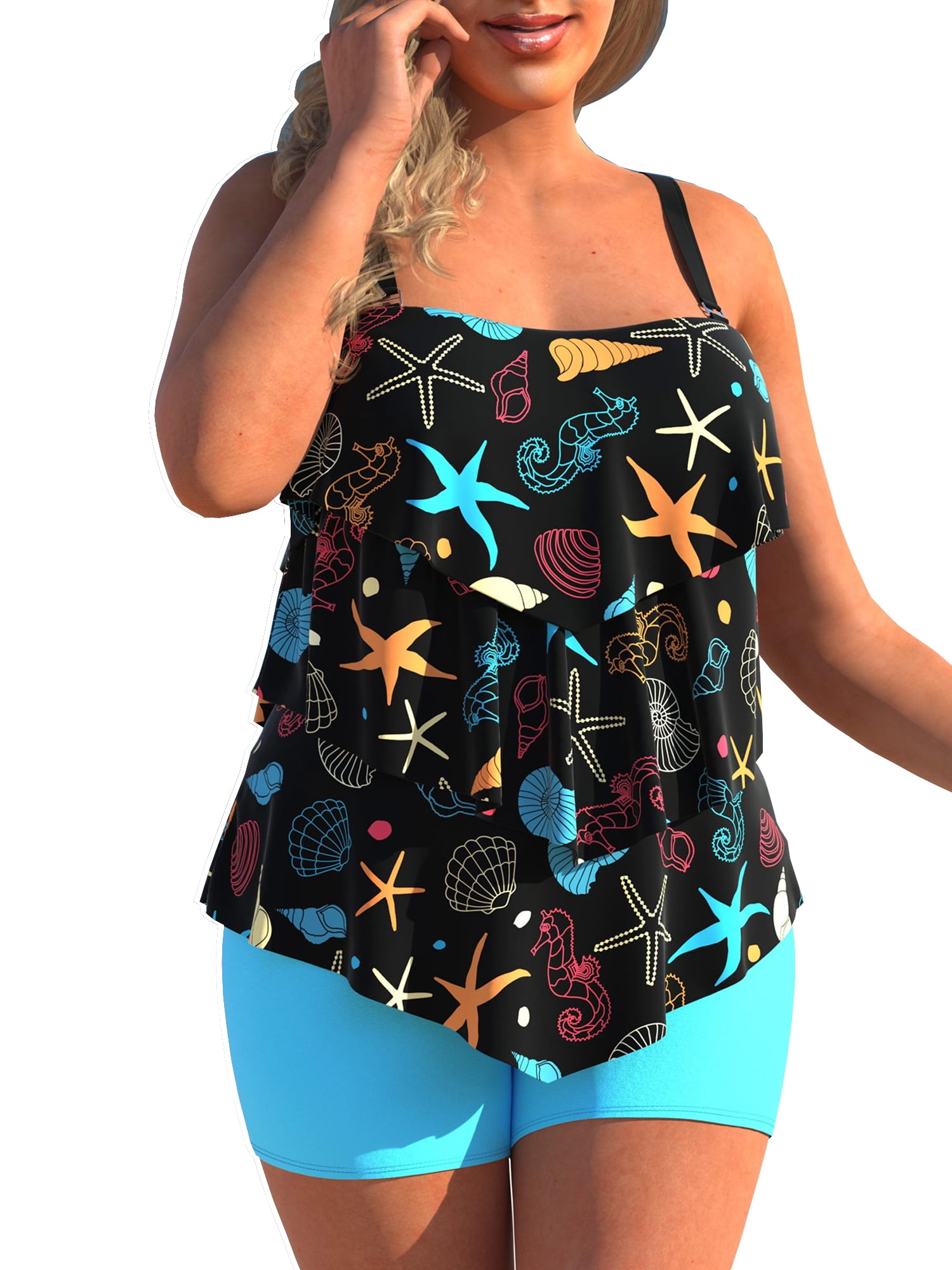 MYLookk Women Plus Size Bathing Suit Tankini Swimsuit with Boyshorts